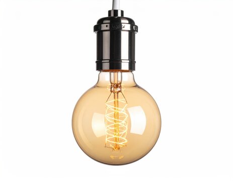 Amber globe Edison bulb with exposed spiral filament, hanging from fixture