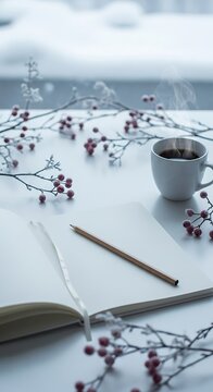 Serene Winter Scene with Coffee and Notebook on Snowy Surface.