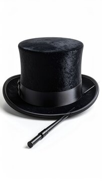Black velvet top hat with ribbon and magic wand