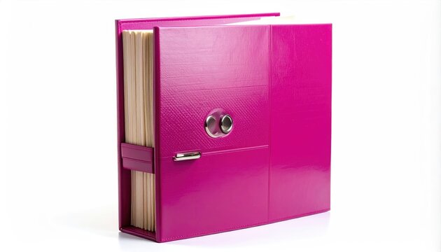A vibrant magenta binder with textured front and silver closure clasps