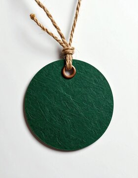 Textured green circular tag with twine and metal grommet on white