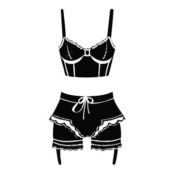 Black lace lingerie set garter illustration, with elegant bra, ruffled shorts, suspender clips. Feminine lingerie set garter highlights delicate details, ideal for intimate apparel.