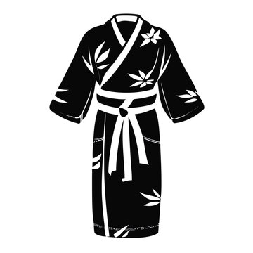 Black traditional kimono illustration with floral design and obi sash. Traditional kimono garment features wide sleeves and intricate patterns, showcasing Japanese fashion.