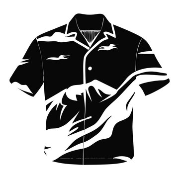 Black mountain print shirt showcases an abstract landscape silhouette featuring dynamic peaks and valleys. Casual mountain print shirt offers minimalist style for contemporary fashion.