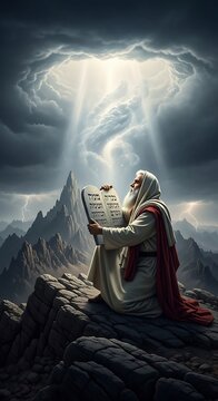 Mysterious Wizard Reading Ancient Scrolls Amid Stormy Mountain Landscape.