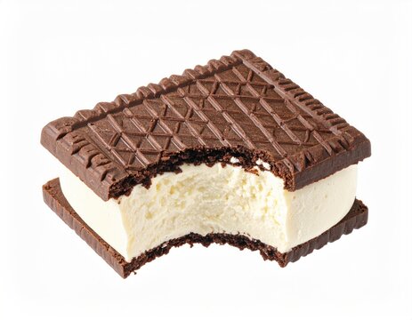 Chocolate-flavored cookie ice cream sandwich with a bite taken out