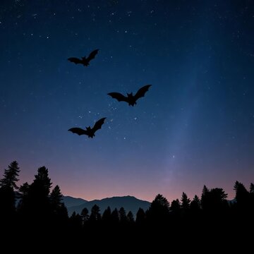 Silhouetted bats dance across a starry night sky above a tranquil forest landscape, surrounded by towering trees, natural, landscape
