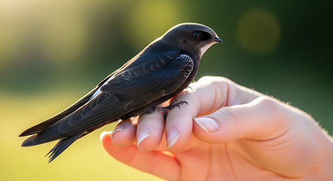 Close-up of a Hand Holding a Small Black Bird Outdoors.