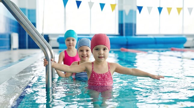 Three cheerful young girls in swim caps and suits attend a swimming lesson, building water confidence and developing aquatic skills in a bright indoor pool. Emphasizes childhood growth and safety.
