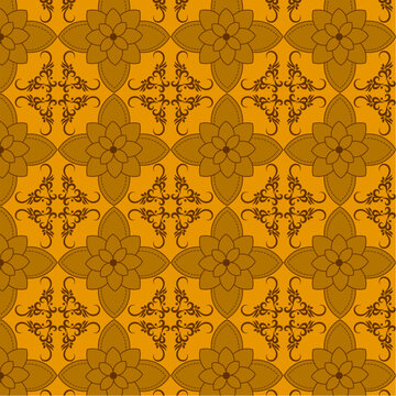 Elegant seamless batik pattern featuring floral ornaments in golden brown tones. Traditional Indonesian inspired vector background suitable for textiles, wallpaper, wrapping paper, packaging, and deco