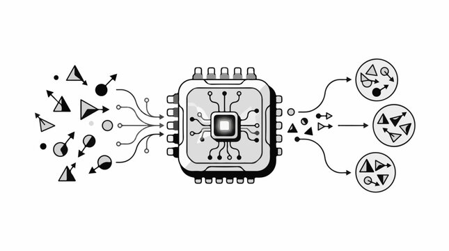 A chip processes diverse inputs into categorized outputs