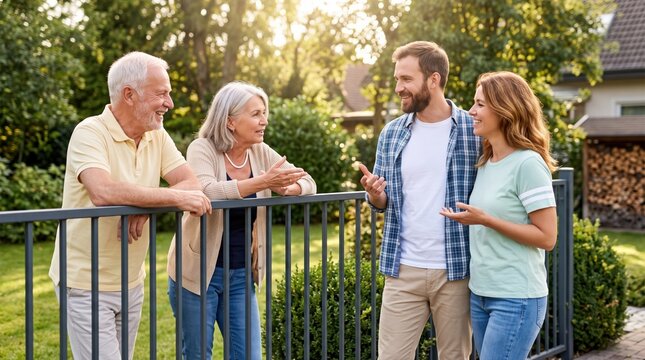 Happy multi-generational family: senior parents and adult children enjoy outdoor conversation. Reflects strong bonds, communication, and well-being in a sunny garden.