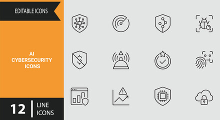 Fototapeta premium Artificial Intelligence Cybersecurity Outline Icons for Digital Network Protection Threat Detection and Safety