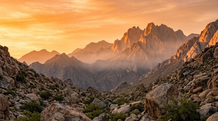 Obraz premium Golden light bathes majestic rugged mountain peaks and a vast rocky desert valley at sunset. Evokes adventure, exploration, and serene wilderness beauty.
