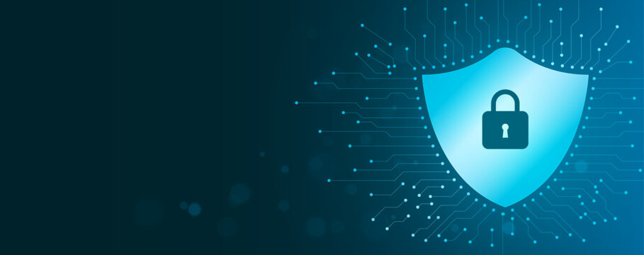 Cyber Security Shield with Digital Circuit Board, Data Protection and Secure Network Technology Background