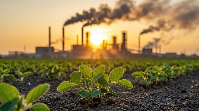 Young soybean plants in fertile soil. Industrial complex emits smoke against sunset. Highlights environmental impact and urgent sustainability.