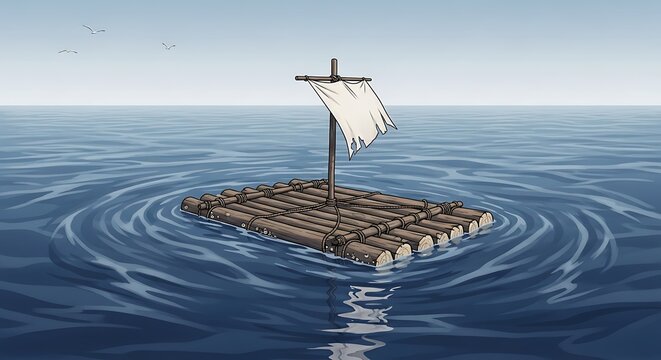 Floating Raft with Sailboat in Open Water.