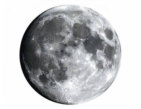 Luminous celestial orb, detailed surface, craters, mountainous terrain, white background