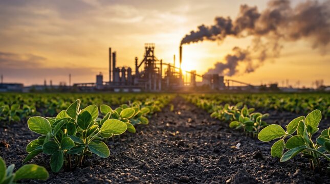 Young crops in rows near industrial complex emitting smoke at sunset. Depicts agriculture, industry, and environmental impact challenge.