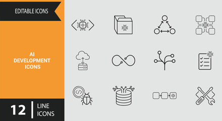 Fototapeta premium Artificial Intelligence Software Development Outline Icons for Coding Programming Algorithms and Tech Engineering