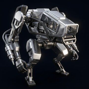 Silver Scifi Bipedal Mech Robot On Solid Dark Background