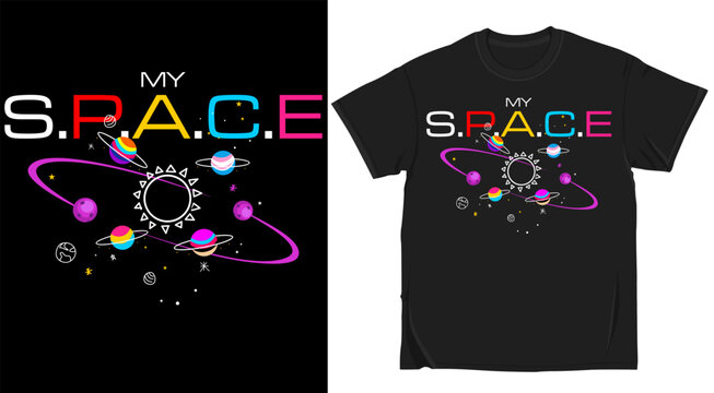 My space tshirt design with colorful planets and sun illustration, typography graphic for apparel, astronomy themed creative print for clothing