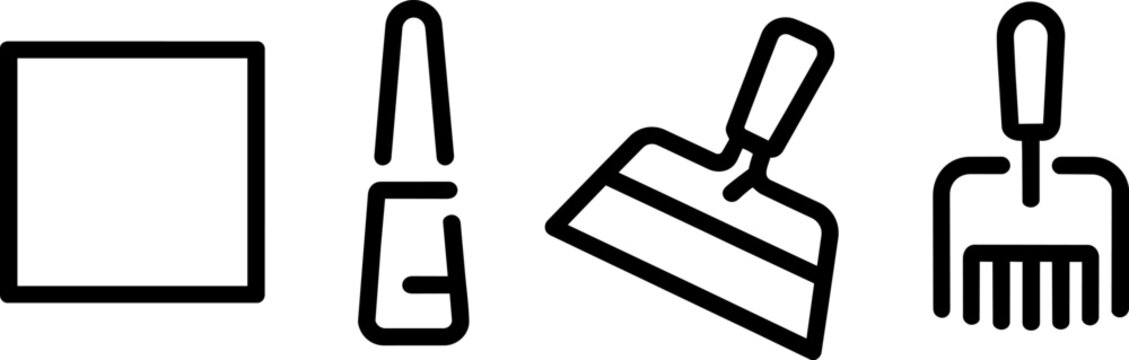 Tile installation and flooring tool icons featuring a ceramic square adhesive glue bottle, putty knife, and notched trowel and floor and wall
