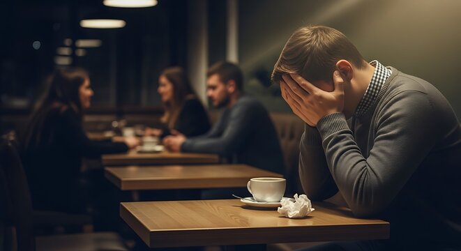 Sad Man Sitting Alone in Coffee Shop with Head in Hands.