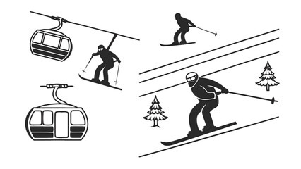 Skiing and Cable Car Set with Skier Gondola Lift Snowboard Pine Tree Black Vector Illustration Collection © mstfozina