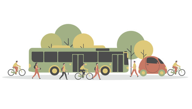 Urban landscape featuring a public bus, a small car, and people cycling on a city street.
