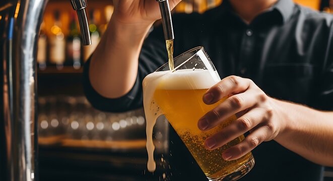 Bartender Pouring Fresh Beer into Glass at Bar Counter.