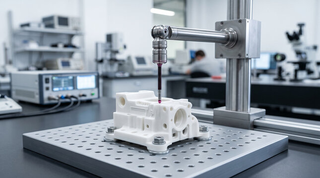 Precision coordinate measuring machine inspecting mechanical part in industrial laboratory.