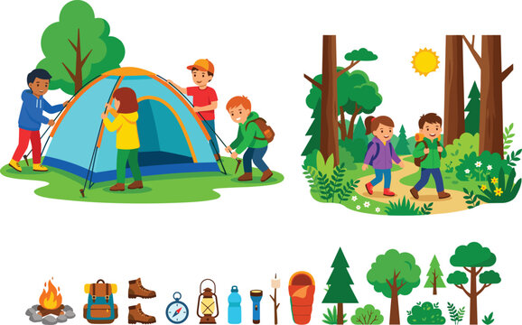 Set of diverse children camping in nature with tents, hiking in the forest, and outdoor adventure equipment elements.