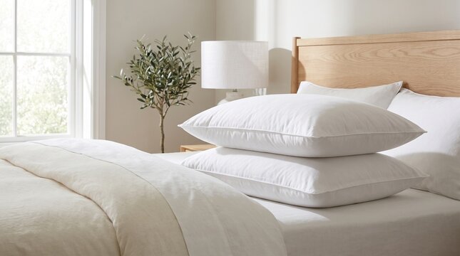 A beautifully made bed with crisp white linens and two plush pillows. A soft light filters in from a nearby window, creating a serene and inviting atmosphere