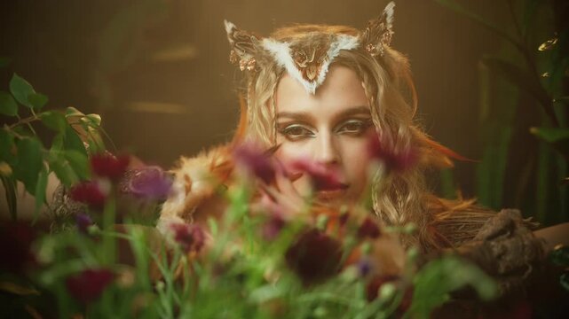 fantasy fashion model posing shooting through green grass plant in dark forest trees. sharp claws black nails evil gothic fairy woman owl, bird shaman costume. sexy face eyes lips fairy elf cat girl