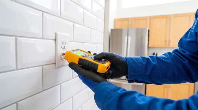 Electrician checking an electrical outlet with a voltage tester. The electrician is wearing blue overalls and black gloves, and the outlet is on a white tiled wall in a kitchen setting