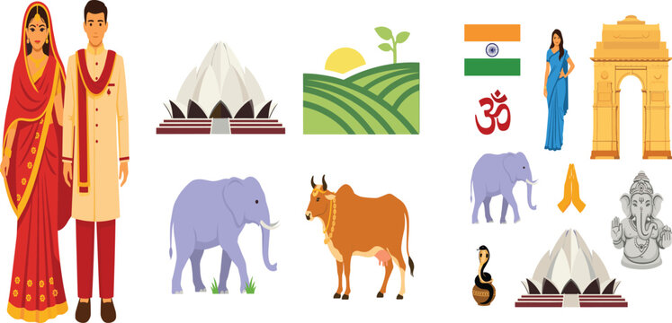 Indian Culture and Heritage Vector Collection with Traditional Couple, Lotus Temple, India Gate, Ganesha, Elephant, and National Symbols