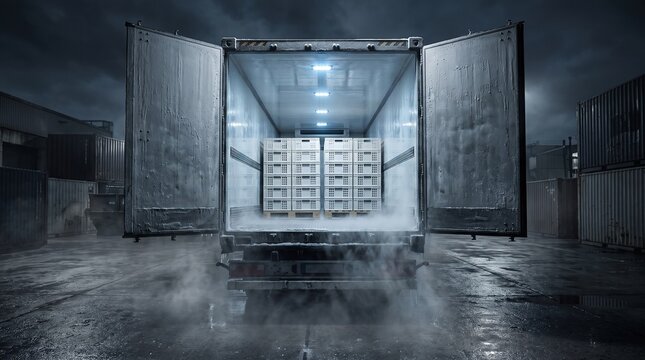 A refrigerated shipping container trailer with its doors open, revealing stacks of white crates inside. The scene is dark and atmospheric, with a hint of fog or mist around the vehicle