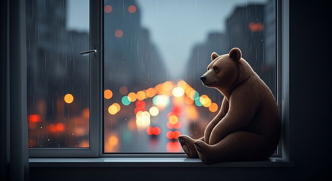 Sad Bear Plush Toy Sitting by Rainy Window.