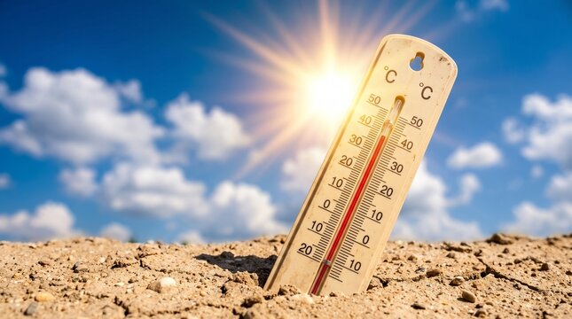 A thermometer sticks out of cracked dry earth under a bright sunny sky, indicating extreme heat