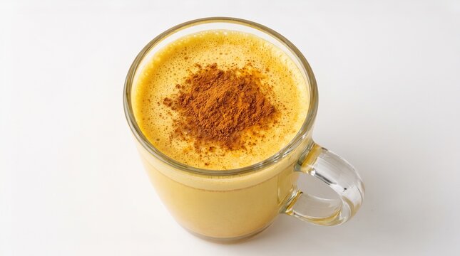 A close-up, top-down view of a golden turmeric latte, dusted with cinnamon, in a clear glass mug. The drink is frothy and inviting, with a warm, comforting appeal