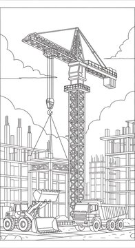 Construction Crane Tower at Urban Building Site.