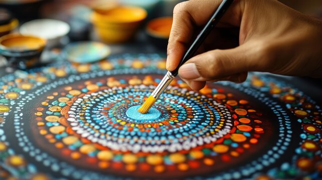 Close-up of hand painting vibrant mandala.
