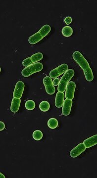 Green Bacteria Under Microscope in Dark Environment.