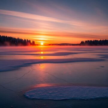 Serene Sunset Over Calm Lake with Reflections.