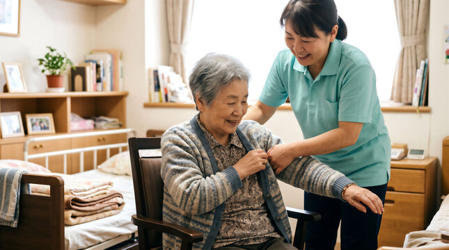 着替え介助を受ける女性