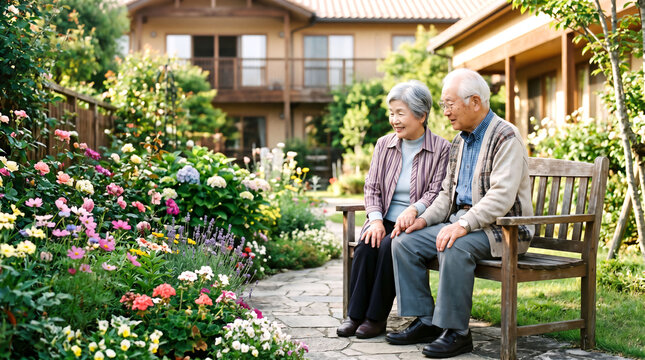 庭で花を眺める高齢夫婦