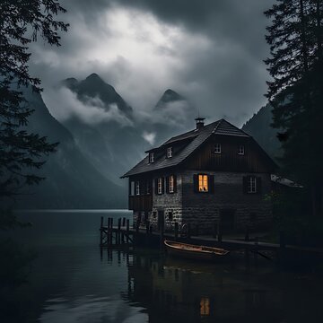 Serene Mountain Lake Cabin Under Stormy Sky.