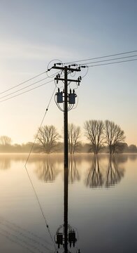 Electric Utility Pole with Power Lines Over Calm Water Scene.