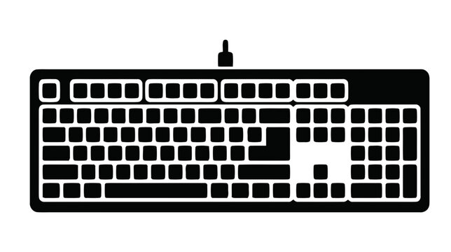 Vector illustration of black silhouette of a computer keyboard with a cable on a transparent background